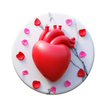 A human heart with intricate details resting on a polished marble slab. The marble has a smooth, reflective surface that glimmers under soft light. Surrounding the heart are delicate rose petals in various shades of red and pink, softly contrasting with the smooth marble. The petals are randomly scattered, creating a natural and elegant arrangement.