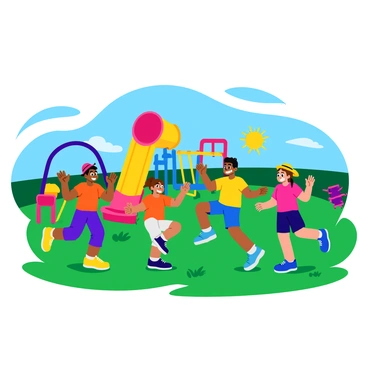 A group of children performing flutter kicks in a colorful playground. The playground is filled with vibrant equipment, including a tall slide, swings, and climbing structures, all painted in bright primary colors. The children are varied in appearance, with some wearing bright t-shirts and shorts, while others sport colorful dresses or hats. Their expressions show joy and excitement as they play together on a soft, grassy area. The sun shines brightly, casting cheerful light on the scene, enhancing the playful atmosphere.