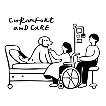 A therapy dog, a golden retriever sitting beside a hospital bed, with a gentle posture and a calm demeanor. A child in a wheelchair, with a blanket over their legs, is reaching out to pet the dog. There is a nurse standing nearby, observing the interaction with a supportive stance. Various medical equipment is visible in the background, such as an IV stand and monitors, creating a hospital setting. The words "Comfort and Care" are displayed prominently in the image.