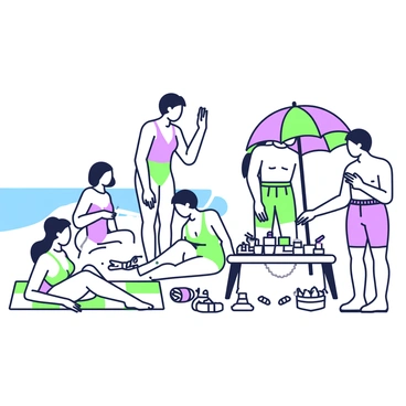 A group of friends is gathered on a sandy beach, enjoying a sunny day. They are wearing 1960s style swimwear, with women in brightly patterned one-piece swimsuits and men in high-waisted swim trunks. One woman is lounging on a colorful beach towel, while another is playing with a beach ball. A man is applying sunscreen to his arms, and another is building a sandcastle nearby. In the background, gentle waves lap at the shore, and a colorful beach umbrella provides shade for a picnic setup with snacks and drinks.