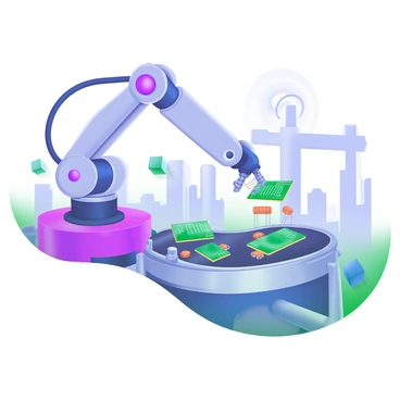 A sleek robotic arm assembling small electronic components on a conveyor belt