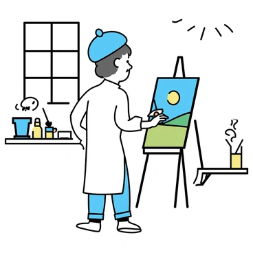 An artist, wearing a white smock and a blue beret, stands in front of a large canvas in a brightly lit studio. The canvas is positioned on an easel, showcasing a partially completed landscape painting. The artist is holding a paintbrush in one hand and a palette in the other. Surrounding the artist are various art supplies, including tubes of paint and brushes arranged on a nearby table. Sunlight streams through large windows, illuminating the space and creating a vibrant atmosphere.