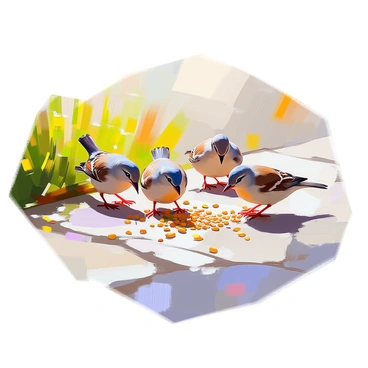 A group of small birds, including sparrows with brown and gray feathers, is pecking at scattered mustard seeds on a textured concrete sidewalk. The seeds are spread out in a random pattern among the birds, who are focused on finding food. A patch of grass borders the sidewalk, providing a natural setting. The sunlight casts soft shadows of the birds on the sidewalk, highlighting their movements as they interact with each other and the seeds.
