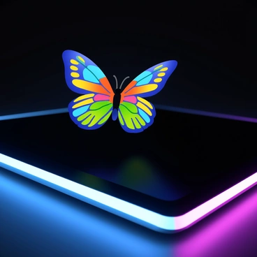 A butterfly composed of vibrant, colorful pixels is gracefully flying across a sleek digital screen. The wings of the butterfly display a mosaic of bright colors, including shades of blue, orange, and green, with each pixel distinctly visible. The screen has a subtle glow, illuminating the butterfly as it flutters through the digital space, leaving a faint trail of shimmering light behind it. The background of the screen is dark to enhance the butterfly's vivid colors, creating a striking contrast.