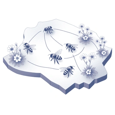A detailed map-like illustration showing various pollination networks. In the center, there are multiple bumble bees depicted interacting with different flowers. Each flower is connected by lines representing the pathways of pollination. The flowers vary in shape and size, clustered in different areas of the map, indicating diverse ecosystems. There are various types of plants, including those with broad petals and those with tubular shapes, demonstrating the diversity of flora that attracts bumble bees. The layout of the illustration suggests a complex interrelationship between the bees and the plants they pollinate.
