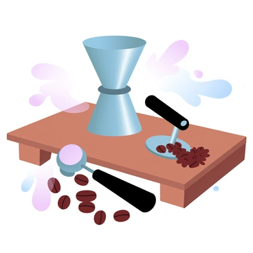 A portafilter sits prominently on a wooden table, showcasing its stainless steel finish. Next to it lies a tamper, crafted with a sleek black handle, ready for use. Scattered around them are various coffee beans in different shades of brown, some whole and some ground, creating a textured look. The arrangement captures the essence of coffee preparation, highlighting the craftsmanship of each tool. A soft natural light gently illuminates the scene, enhancing the colors and textures of the items.