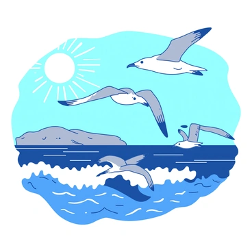 A group of seagulls with white feathers and light grey wings is soaring gracefully over the ocean waves. The ocean is a deep blue, with frothy white caps on the waves below. The sun is shining brightly in the sky, casting shimmering reflections on the water. Some of the seagulls are gliding with wings fully extended, while others are diving towards the waves. The scene conveys a sense of freedom and tranquility in nature.