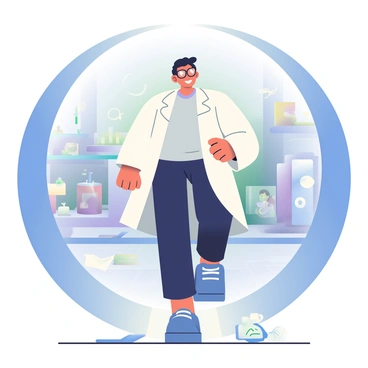 A scientist with short black hair and glasses is stepping through a glowing portal that shimmers with a blend of blue and purple colors. The scientist is wearing a white lab coat over a light gray shirt and dark trousers. The background shows a blurred landscape transitioning from a modern laboratory with scientific equipment to an ancient city with stone buildings and cobblestone streets. The portal is encircled by swirling energy, and the scientist's expression is one of curiosity and excitement as they step forward. On the lab side, there are scattered papers and a tablet on the ground, highlighting the transition between worlds.