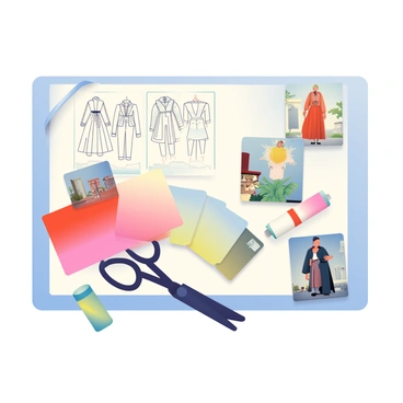 A designer's mood board is displayed prominently. It features a variety of sketches in different styles, showcasing fashion designs with intricate details. There are several fabric swatches with diverse textures and colors, including rich velvets and soft cottons, arranged neatly alongside the sketches. Inspirational images, depicting various design elements such as architecture and nature, are pinned around the edges of the board. A pair of scissors and a glue stick are placed beside the mood board, suggesting an active design process. The background of the image is a light, neutral color that complements the vibrant elements of the mood board.