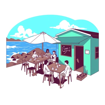 A small seaside café with a turquoise exterior and white table umbrellas is situated by the shore. Several patrons are seated at wooden tables, sipping espresso from white cups. Some people are engaging in conversation while others gaze at the waves crashing against the rocks nearby. A gentle breeze causes the tablecloths to flutter slightly. In the background, a vibrant blue sky contrasts with the azure sea, creating a lively atmosphere.