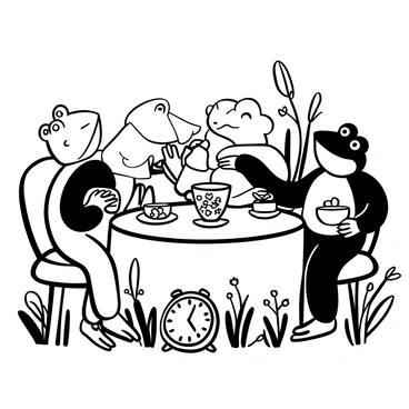 A group of frogs seated around a small, round table covered with a white lace tablecloth. Each frog is holding a delicate porcelain cup with intricate floral patterns and matching saucers. One frog is pouring tea from a teapot into a cup, while another is reaching for a small plate of biscuits. Nearby, a vintage clock with ornate details sits on the table, showing the time for tea. The background features lush greenery with tall grass and wildflowers adding a whimsical touch to the scene.