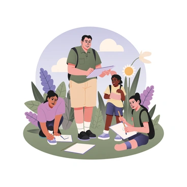 A digital flat illustration featuring an illustration tutor standing in front of a group of students on a nature study field trip. The tutor is a middle-aged individual with light skin, wearing a green shirt and khaki shorts, holding a sketchpad and pointing towards a vibrant flower. The students, three in total, are scattered around, each with different skin tones. One student on the left has dark skin and is crouching down, sketching a large green leaf, while another student on the right has medium skin and is standing, holding a colored pencil and looking at a blooming flower. The third student, with light skin, is sitting on the grass, drawing a small tree with a focused expression. The background includes various types of flora, such as blooming flowers, ferns, and tall grasses, under a bright blue sky with fluffy white clouds.