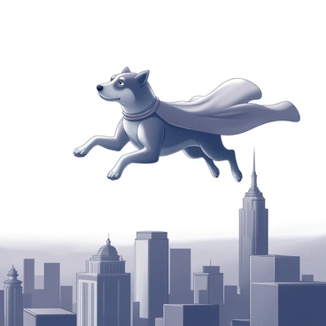 A dog wearing a flowing cape is soaring through the sky above a cityscape. The dog has a strong and confident stance, with its paws extended forward as it glides. Below, the city is filled with tall buildings, each with intricate architectural details. The skyline is silhouetted against the evening sky, where the fading light creates a gradient effect. Soft shadows are cast from the buildings, enhancing the contrast of the scene. The atmosphere reflects a sense of adventure and bravery as the dog surveys the city from above.