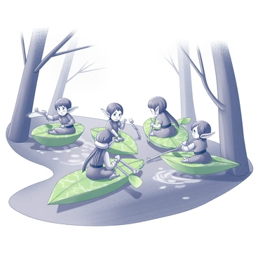 A group of elves in intricate clothing is engaged in a competitive leaf boat race on a gently flowing stream. Each elf has pointed ears and is focused on maneuvering their small, leaf-shaped boats. The boats are crafted from vibrant green leaves with intricate designs. The stream winds through a lush, forested area, with tall trees arching over the water and casting dappled shadows. Some elves are using handmade paddles to propel their boats, while others are leaning forward, urging their vessels to go faster. The expressions of determination and excitement are visible on their faces as they navigate the gentle curves of the stream.