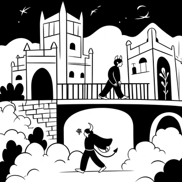 A devil with elongated horns and a thin, pointed tail walking across an ornate Victorian Gothic bridge. The bridge features intricate stonework and tall spires. Wisps of fog curl around the base of the bridge, while the night sky is filled with swirling mist. The devil is dressed in dark, flowing garments and casting a long shadow on the bridge's cobblestones. A distant silhouette of trees can be faintly seen through the mist.