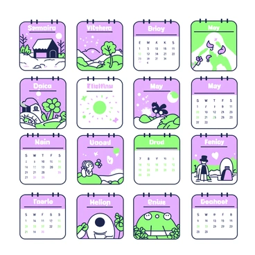 A calendar featuring twelve distinct illustrations, each representing a month and its unique characteristics. January showcases a snowy landscape with bare trees and a small cabin. February displays heart-shaped motifs and flowers, symbolizing Valentine's Day. March features blooming flowers and a gentle spring breeze. April is illustrated with raindrops and umbrellas. May includes vibrant green leaves and butterflies fluttering around. June highlights a sunny beach scene with sand and waves. July depicts fireworks lighting up the night sky. August showcases sunflowers and garden vegetables. September illustrates falling leaves and a school setting. October features pumpkins and spooky decorations for Halloween. November displays a cozy Thanksgiving scene with a table set for a feast. December captures a festive atmosphere with holiday decorations and a snowman.