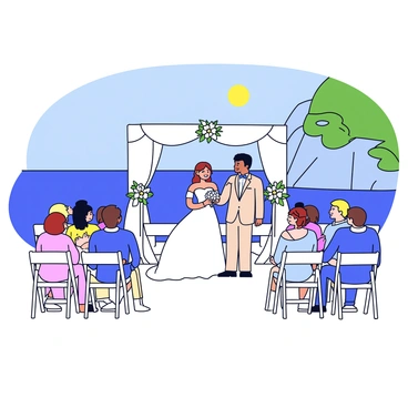 A wedding ceremony is set on a cliffside venue in Capri. The scene features a beautifully decorated altar with white flowers and draping fabric. Guests are seated on white wooden chairs, with the deep blue sea visible in the background. The sky is clear, and the sun casts a warm golden light over the setting. A bride in a flowing white gown stands beside a groom in a light-colored suit, both smiling at each other. The cliffs, covered in vibrant green vegetation, create a stunning backdrop for this special moment.