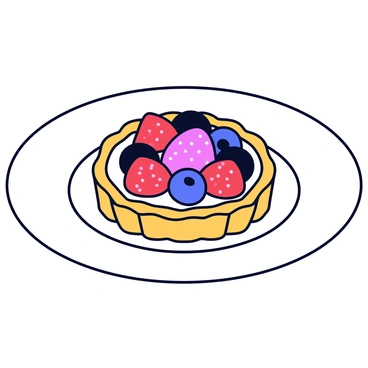 An elegant dessert plate with a glossy white finish. In the center of the plate is a round tart with a golden-brown crust. The tart is filled with a smooth cream and is topped with an assortment of fresh berries, including bright red strawberries, deep blue blueberries, and shiny blackberries. Each berry is plump and vibrant, adding a touch of color to the dessert. The plate is set on a simple wooden table surface.