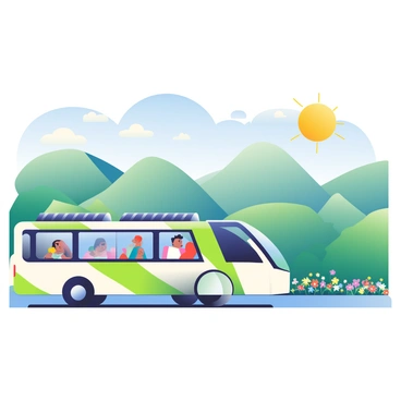 A smart bus with a sleek, modern design and solar panels on the roof is driving through a sunny landscape. The bus is painted in bright green and white colors, reflecting its eco-friendly technology. In the background, there are rolling hills covered with lush greenery under a clear blue sky. The sun is shining brightly, casting soft shadows on the ground. Alongside the road, there are wildflowers in various colors, adding vibrancy to the scene. The bus has large windows that showcase passengers enjoying the ride.