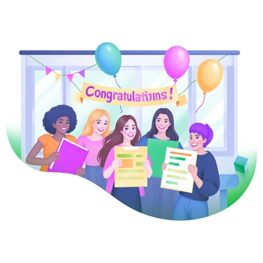 A modern pastel illustration depicting a group of students happily celebrating in a classroom. Each student is holding a brightly colored syllabus, displaying various subjects. The students are diverse in appearance, showcasing different hair colors and styles. Balloons in pastel shades of blue, yellow, and pink float above them, while a banner reading "Congratulations!" is draped across the room. Streamers hang from the ceiling, adding to the festive atmosphere, and a large window lets in soft, natural light.
