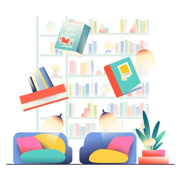 A whimsical library with floating books and soft, glowing lamps