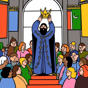 A tall, light-skinned man with long dark hair and a rugged beard, dressed in an ornate, dark blue cloak adorned with intricate silver patterns, stands proudly on a raised platform. He is surrounded by a magnificent hall filled with colorful banners hanging from the tall ceilings, each representing different kingdoms. The atmosphere is filled with anticipation as he holds a sparkling crown above his head. The audience, consisting of diverse characters, looks on with expressions of admiration and joy, capturing the momentous occasion of his coronation. Bright sunlight streams through the large windows, illuminating the scene.