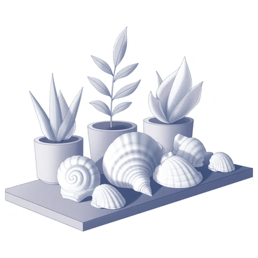 A collection of various conch shells arranged on a wooden shelf. The shells exhibit different shapes and sizes, with intricate patterns visible on their surfaces. In the background, several plants are placed, showcasing their leaves and textures. The scene is well-lit, allowing for clear visibility of both the shells and the foliage.