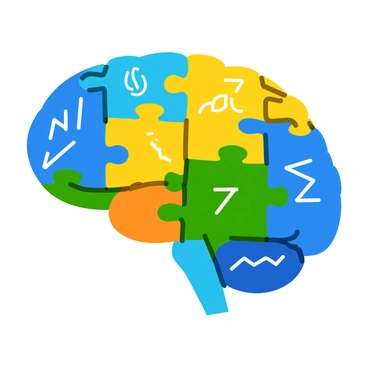 A left brain illustrated as a puzzle, with each piece showing mathematical and logical imagery