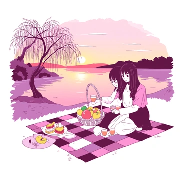 Kaede and Suzu are sitting on a checkered blanket spread out on the grass next to a tranquil lake. They are surrounded by a calm atmosphere as the sun sets, casting a warm glow over the scene. Kaede is holding a basket filled with various fruits, sandwiches, and drinks, while Suzu is pouring juice into two glasses. The sky is painted with hues of orange and pink, reflecting off the surface of the lake. Nearby, a picturesque willow tree extends its branches, creating a serene backdrop for their romantic picnic.