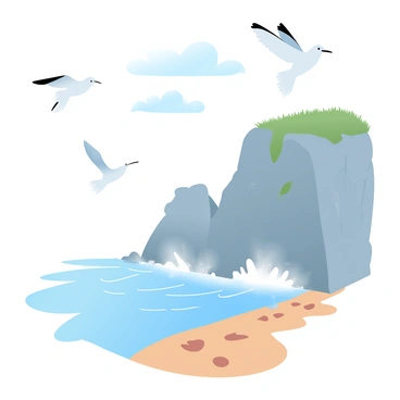 Footprints are visible in the sand along the edge of a seaside cliff. The cliff rises majestically, with rocky textures and patches of grass. Below, waves are crashing against the rocks, creating splashes of white foam. In the sky above, several seagulls are flying, their wings spread wide against the backdrop of a clear blue sky. The scene conveys a sense of nature's beauty and movement.