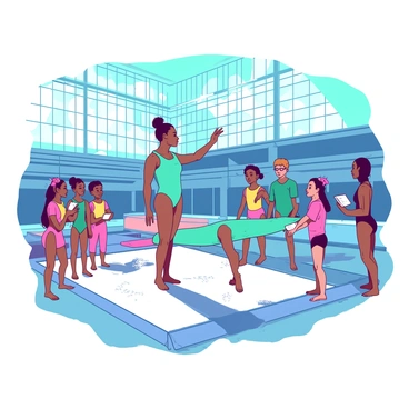 Simone Biles, dressed in a vibrant teal training outfit, stands confidently at the center of a large gym filled with gymnastics equipment. She is demonstrating a complex tumbling pass to a group of eager aspiring gymnasts. The young gymnasts, wearing bright colored leotards, watch attentively, some taking notes on small white pads. Bright sunlight filters through large windows, illuminating the gym and casting playful shadows. Various gymnastics apparatuses, such as balance beams and vaults, are set up around the room, showcasing an atmosphere of excitement and concentration. A white chalk dust settles in the air, hinting at the intensity of their practice.