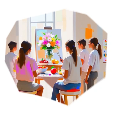 An art class is taking place in a spacious museum gallery. Several students, of various ages and ethnicities, are focused on painting a still life setup displayed on a table. The still life includes a glass vase filled with colorful flowers, a bowl of ripe fruit, and a textured cloth draped beneath the arrangement. Each student holds a paintbrush and is working on an easel, capturing the vibrant colors and details of the scene before them. Light filters in through large windows, illuminating the room and creating a warm atmosphere for the creative endeavor.