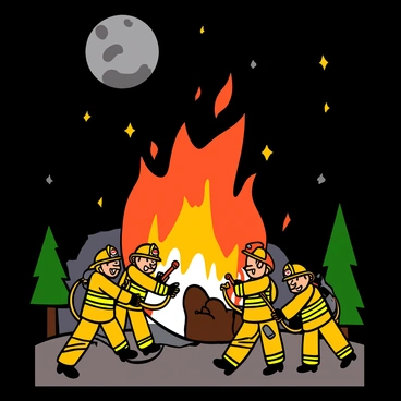 A group of firefighters in bright yellow gear working diligently to combat a large fire. The fire is roaring with bright orange and red flames, lighting up the night sky. Glowing embers float in the air around them, sparkling against the dark backdrop. The moon is visible in the sky, casting a silvery light over the scene. The firefighters are focused, using hoses and tools to control the blaze, with expressions of determination on their faces. The surrounding area shows hints of trees and smoke rising, enhancing the intensity of the moment.