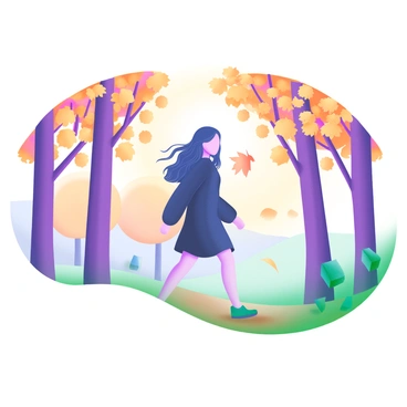 A woman wearing a cozy black sweater dress walks through an autumn park. The scene is filled with colorful, falling leaves in shades of orange, yellow, and red. The woman has long, wavy hair that gently sways with her movements. She is surrounded by tall trees whose branches are adorned with golden leaves. The ground is covered with a carpet of fallen leaves, creating a vibrant contrast against her dress. In the background, a soft sunlight filters through the trees, casting a warm glow over the scene.