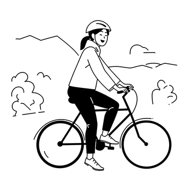 A happy customer riding a new bicycle along a scenic path. The customer is wearing a light jacket and a helmet, with both hands on the handlebars. Their face is turned slightly to the side, displaying a wide smile. The bicycle is sleek and modern, with thin tires and a shiny frame. The path is flanked by trees and bushes, with a few distant hills visible in the background. The scene conveys a sense of joy and outdoor activity.