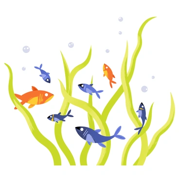 A colorful school of fish with various hues of blue, orange, and yellow swimming energetically among tall green kelp stalks. The water is clear, allowing sunlight to filter through, creating shimmering patterns on the underwater scene. Small bubbles rise to the surface as the fish weave in and out of the kelp, showcasing their vibrant scales.