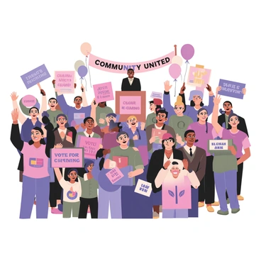 A digital flat illustration depicting a vibrant political rally scene filled with enthusiastic supporters. The crowd is diverse, with men, women, and children of various ethnicities. Many supporters are holding colorful signs featuring slogans like "Change is Coming" and "Vote for Our Future" in bold letters. Some supporters are wearing t-shirts with political symbols or messages. The background shows a stage with a podium where a speaker stands, animatedly addressing the crowd. Balloons in various colors float above, and a banner reading "Community United" stretches across the scene. The atmosphere is lively with people cheering and waving their arms in excitement.