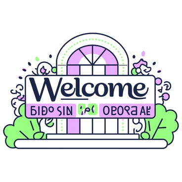 A welcome sign is prominently displayed at the entrance of a community center. The sign features the word "Welcome" written in multiple languages, arranged in an appealing layout. The letters are bold and clearly legible, each language displayed in a different section of the sign. Surrounding the sign are decorative elements such as green leaves and purple flowers, enhancing the welcoming atmosphere. The entrance is adorned with a large archway, leading into the community center, inviting people to enter and engage with the space.