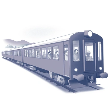 A train moving along a winding track through a picturesque landscape filled with rolling hills and distant mountains. The train, made of several carriages, features large windows allowing passengers to gaze outside. Inside, passengers of various ages are seated, some looking thoughtfully out the window while others engage in quiet conversations. Each passenger appears lost in contemplation, reflecting on their personal experiences. The light filtering through the windows casts soft shadows, enhancing the intimate atmosphere within the train.