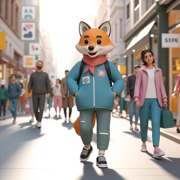 A fashionable fox mascot, wearing a trendy blue jacket with patches, a stylish red scarf, and sleek black sneakers. The fox has large expressive eyes and a cheerful smile. It is walking confidently down a bustling city street filled with people. Surrounding the fox are pedestrians of various ages and styles, some chatting on their phones, while others are carrying shopping bags. Bright storefronts and colorful advertisements line the street, creating a lively urban atmosphere. The sun is shining, casting soft shadows on the pavement.