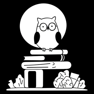 An owl with round glasses perched on a stack of books, surrounded by a few scattered pages. The owl is facing a large glowing moon, which illuminates the scene with a soft light. The books are varied in size and shape, some stacked neatly while others are slightly askew. The background features a few silhouettes of trees, enhancing the nighttime atmosphere.