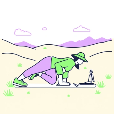 A lone traveler is performing push-ups on a sandy surface in a vast desert landscape. The traveler is wearing lightweight, breathable clothing suitable for the heat, and a wide-brimmed hat to shield their face from the sun. Surrounding them, the desert stretches out with rolling sand dunes that create gentle curves in the terrain. The sky above is clear and bright, with a few wispy clouds drifting by. In the background, a distant mountain range is visible, contrasting with the flatness of the desert. Scattered around are small tufts of desert grass, adding texture to the arid environment.