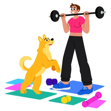 A playful dog with a shiny golden coat stands on its hind legs, trying to imitate its owner. The owner's muscular arms are lifted, holding a shiny black barbell as they perform barbell curls. The dog looks determined, with its front paws raised in a comical manner. The background features a bright and colorful home gym setting, including exercise mats and dumbbells scattered around. The owner's expression is focused, while the dog displays a joyful and enthusiastic demeanor.