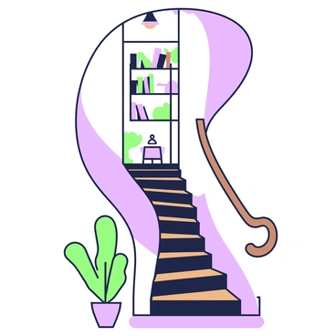 An elegant spiral staircase with a polished wooden handrail winds gracefully upwards. The steps are wide and made of dark wood, contrasting with the light-colored walls surrounding the staircase. At the base of the staircase, there is a decorative potted plant on the floor, adding a touch of greenery. The staircase is illuminated by a soft, warm light coming from a fixture above, casting gentle shadows. At the top of the staircase, the view opens up to a landing adorned with bookshelves filled with books and a small reading nook.