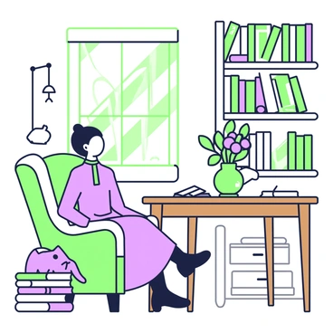 Emily Dickinson is sitting comfortably in her study, surrounded by shelves filled with books. She is wearing a modest dress with a high collar and her hair is styled simply. A small, soft-looking cat is curled up beside her on a plush armchair, peacefully sleeping. Sunlight is filtering through a nearby window, casting gentle shadows across the room. A wooden desk is positioned in front of her, scattered with papers and a quill, suggesting she has been writing poetry. A vase with fresh flowers is placed on the desk, adding a touch of life to the serene atmosphere.