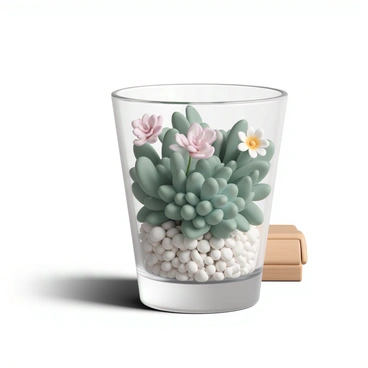A clear shot glass filled with a variety of tiny succulents. The succulents have different shades of green, with some featuring light pink edges and others displaying intricate patterns on their leaves. The bottom of the shot glass is filled with small pebbles for drainage, creating a contrast against the vibrant greenery. The glass sits on a wooden surface, and sunlight reflects off its sides, casting delicate shadows. A few tiny flowers bloom among the succulents, adding splashes of color to the scene.