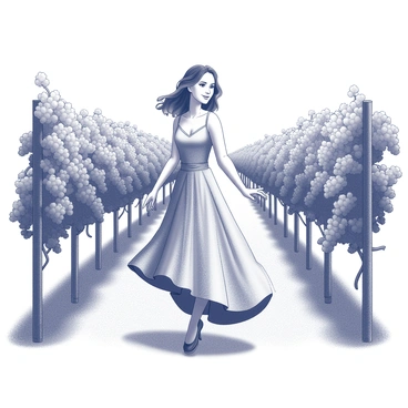 A woman standing in a vineyard. She is wearing a dress featuring a grapevine pattern, which flows elegantly around her. The vineyard has rows of green grapevines, heavy with clusters of grapes, stretching into the background. The sun casts soft shadows across the ground, highlighting the texture of the grapevines and the woman's dress. She has her arms slightly raised, as if enjoying the warm breeze, with a serene expression on her face.