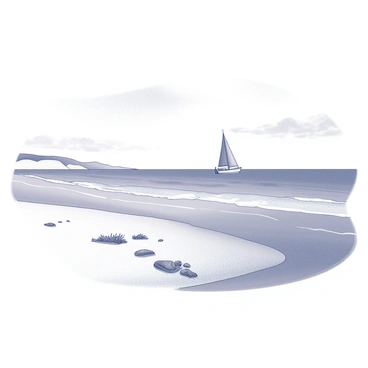 A beach with soft, sandy shores extending into the distance. Gentle waves are lapping against the shoreline, creating a rhythmic pattern of movement. In the background, a sailboat is visible on the horizon, its sail unfurled and catching the wind. The sky above is clear with a few scattered clouds, providing a sense of openness and tranquility. Seaweed is scattered along the edge of the water, and footprints can be seen leading from the beach into the distant dunes.