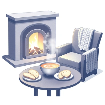A cozy winter scene with garlic bread and hot soup by a fireplace