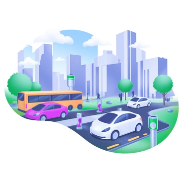 A cityscape with cars and buses using induction chargers embedded in roads